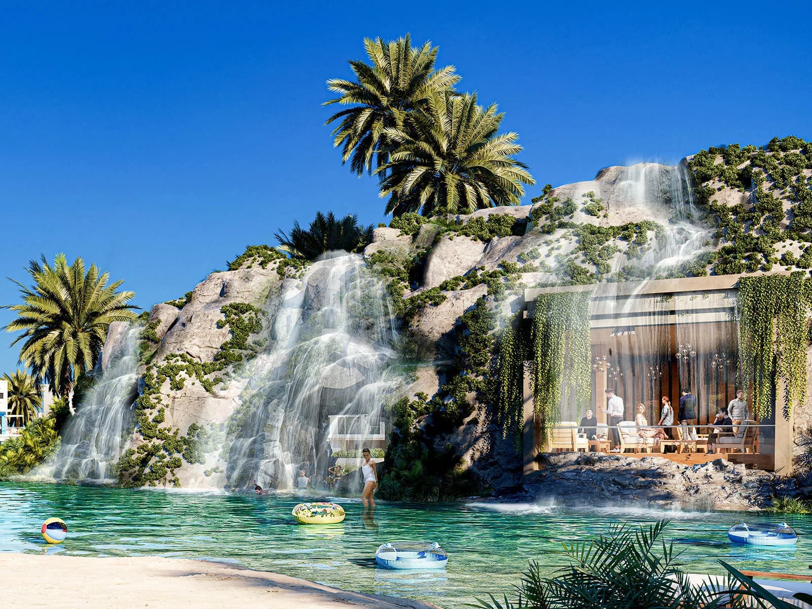 DAMAC Lagoons waterfall amenity — official DAMAC still