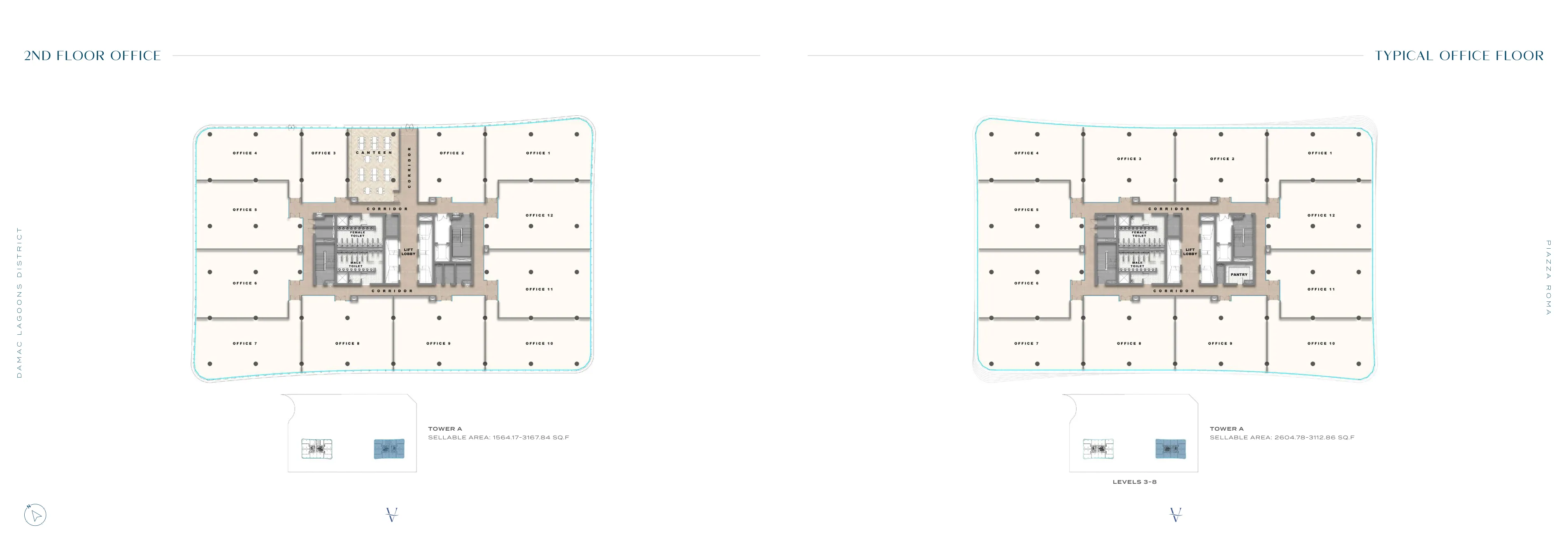 Piazza Roma Tower A office floor plans — 2nd floor and typical levels 3–8