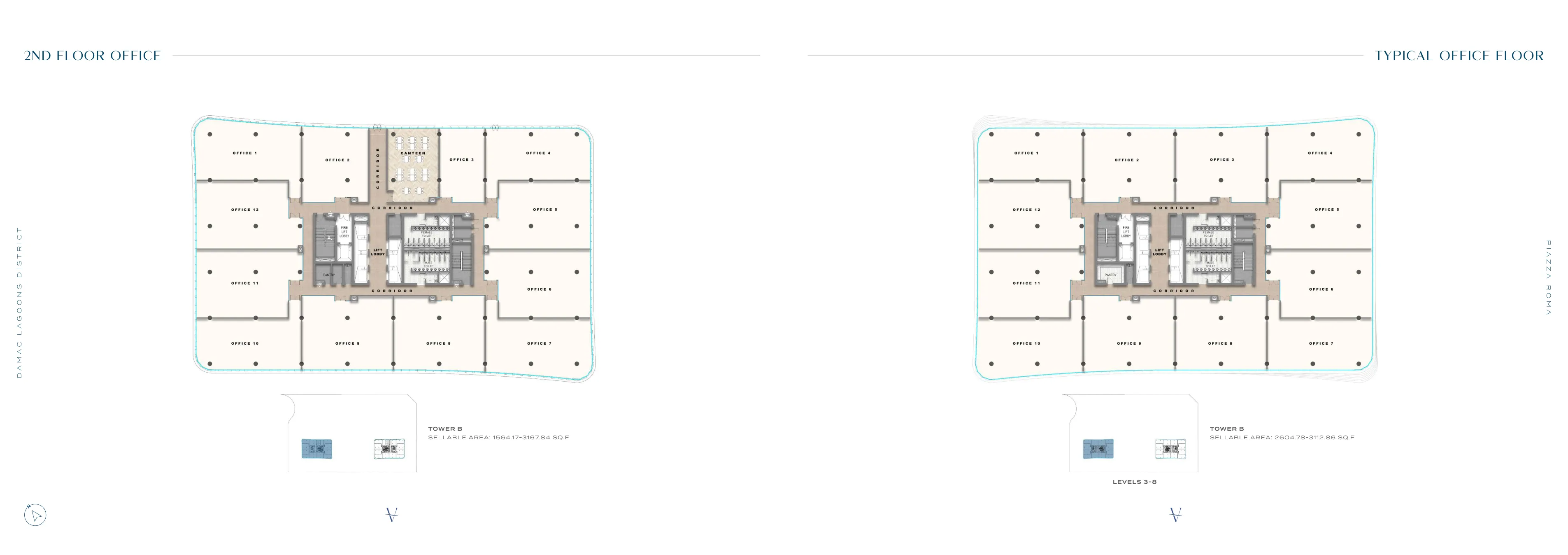 Piazza Roma Tower B office floor plans — 2nd floor and typical levels 3–8