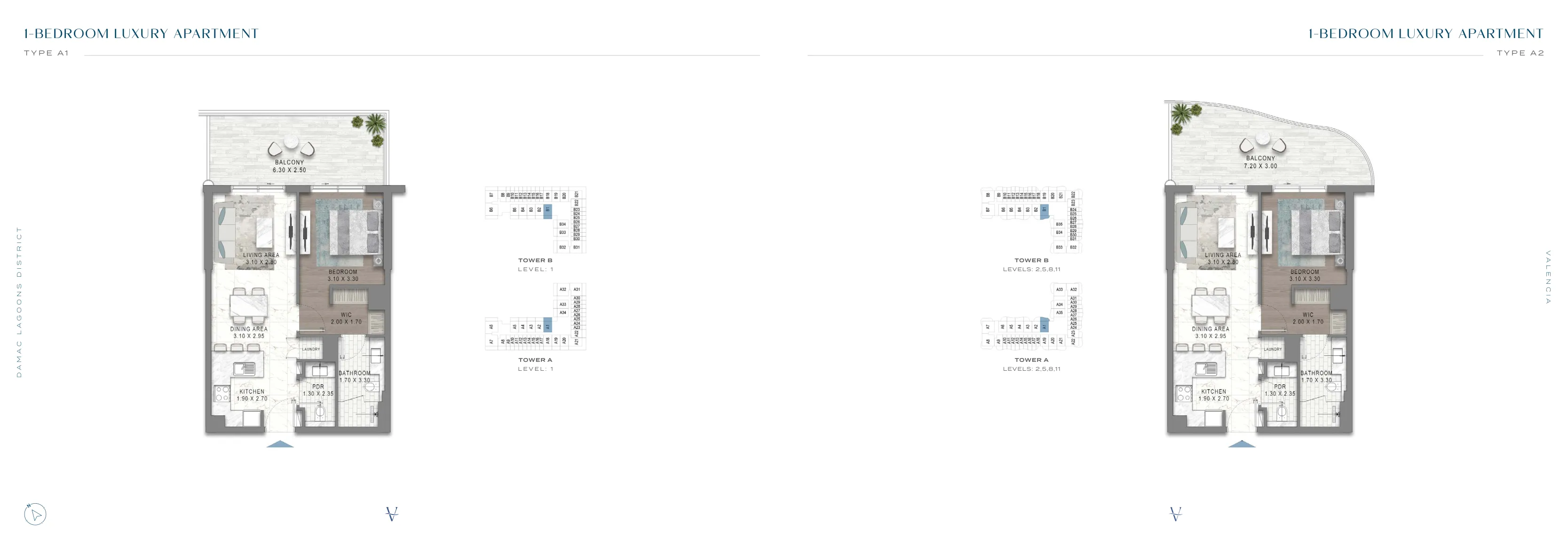 Valencia 1-bedroom floor plans Type A1 and A2 — Towers A and B